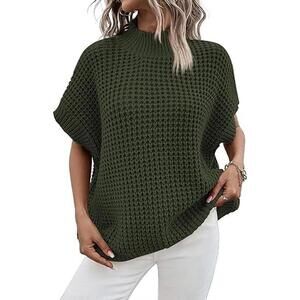 Pink Queen Women's Mock Neck Batwing Short Sleeve Loose Oversized Knit Pullover